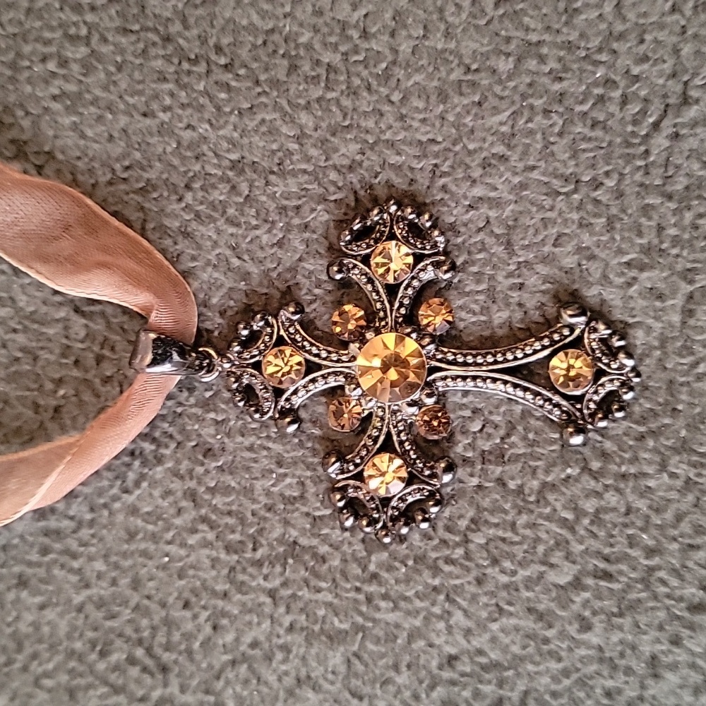 Amber Rhinestone Cross Choker